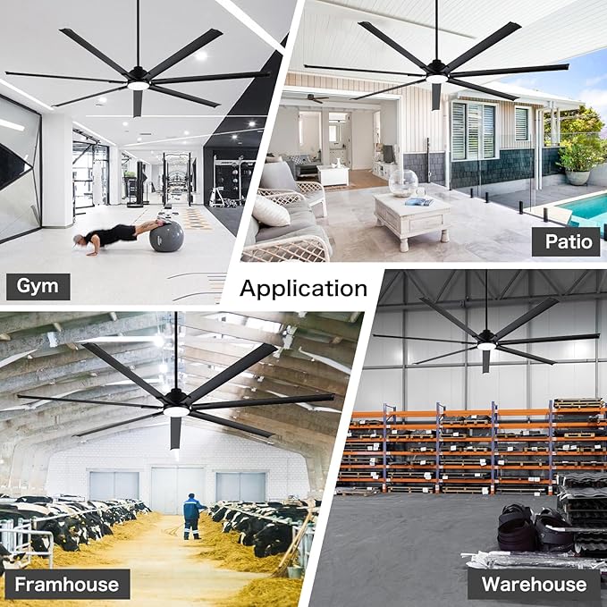 96" Industrial & Commercial HVLS 7 Black Aluminum Blades Ceiling Fan with Light,Works with Alexa,High CFM Brushless Motor,6-Speed,Indoor Outdoor Ceiling Fan for Patio,Garage,Shop,Library