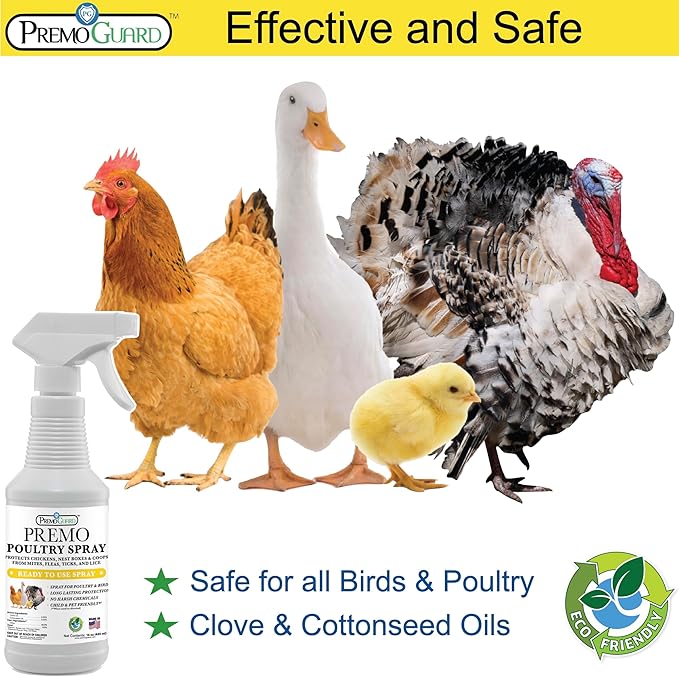 Premo Guard Poultry Spray - 16 oz - Kill Scaly Leg, Mites, Fleas, Lice, & Other Pest on Chickens and in Coops - Natural Plant Based Oils for Control, & Prevention - Family Safe with No Egg Withdrawl