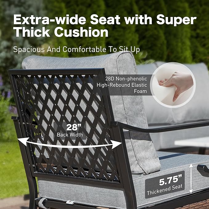 4 Piece Metal Outdoor Patio Furniture Set, Patio Conversation Sets 1 3-Seater Sofa, 2 Chairs with 5.75" Extra Thick Cushion and Coffee Table, Black Frame Backyard Furniture, Gray