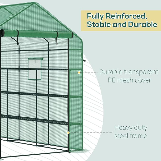 Outsunny 8' x 6' x 7' Walk-in Greenhouse, PE Cover, 4-Tier Shelves, Steel Frame Hot House, Roll-Up Zipper Door for Flowers, Vegetables, Saplings, Tropical Plants, Green