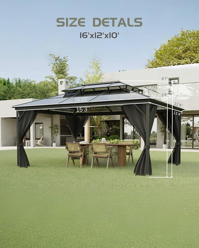 GarveeLife 12 ft x16 ft Hardtop Gazebo for All Weather, Double Polycarbonate Sheets Roof, Aluminum Alloy Frame, Net, and Curtain, Permanent Building for Patio, Deck, Backyard, Lawn, and Garden