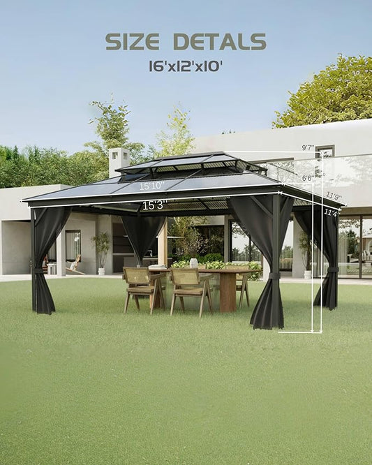 GarveeLife 12 ft x16 ft Hardtop Gazebo for All Weather, Double Polycarbonate Sheets Roof, Aluminum Alloy Frame, Net, and Curtain, Permanent Building for Patio, Deck, Backyard, Lawn, and Garden