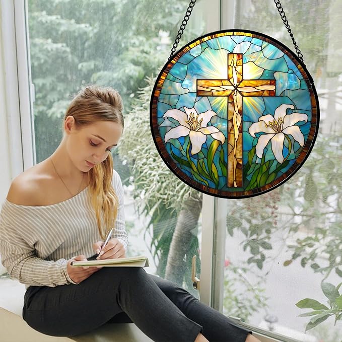 DASTOLL Christian Gifts for Women - Cross Stained Glass Window Hanging Jesus Easter White Lily Flower Sun Catcher Garden Religion Decor Mother's Day Catholic Gift for Men Grandma Mom Her Nana 6.3"