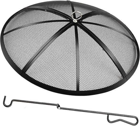 Fire Pit Spark Screen, 24 Inch Diameter Fire Pit Screen with Handle & Poker,Heavy Duty Metal Mesh Fire Pit Screen,Fire Pit Lid for Outdoor/Beach/RV Camping/Backyard