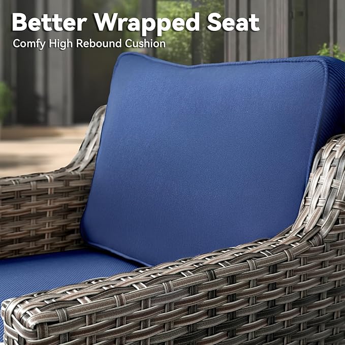 Patio Chairs Set of 2-All Weather Rattan Wicker Outdoor Chair with Thickened Cushions Outdoor Patio Chairs for Porch Deck Balcony Garden Grey/Blue