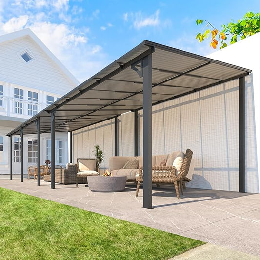 AECOJOY 10' x 28' Gazebo for Patio, Large Wall-Mounted Hard Top Lean-to Gazebo Pergola with Roof 28' x 10' on Clearance, Heavy Duty Patio Awnings for Decks, Backyard