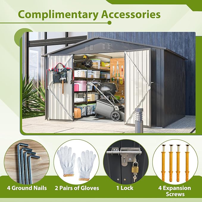 Favfurish Outdoor Storage Shed 10x8FT, Heavy Duty Tool Sheds with Lockable Door & Shutter Vents, Waterproof Garden Shed for Backyard Lawn Patio, Black