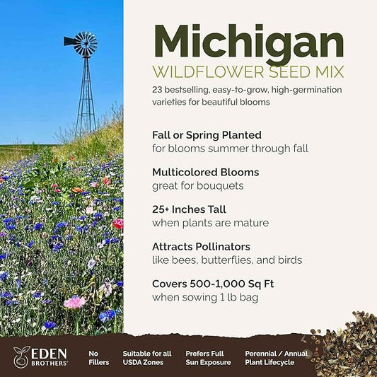 Eden Brothers Michigan Wildflower Mixed Seeds for Planting, 1 lb, 480,000+ Seeds with Cornflower, Sweet William, Cosmos | Attracts Pollinators, Plant in Spring or Fall, Zones 3, 4, 5, 6, 7, 8, 9, 10