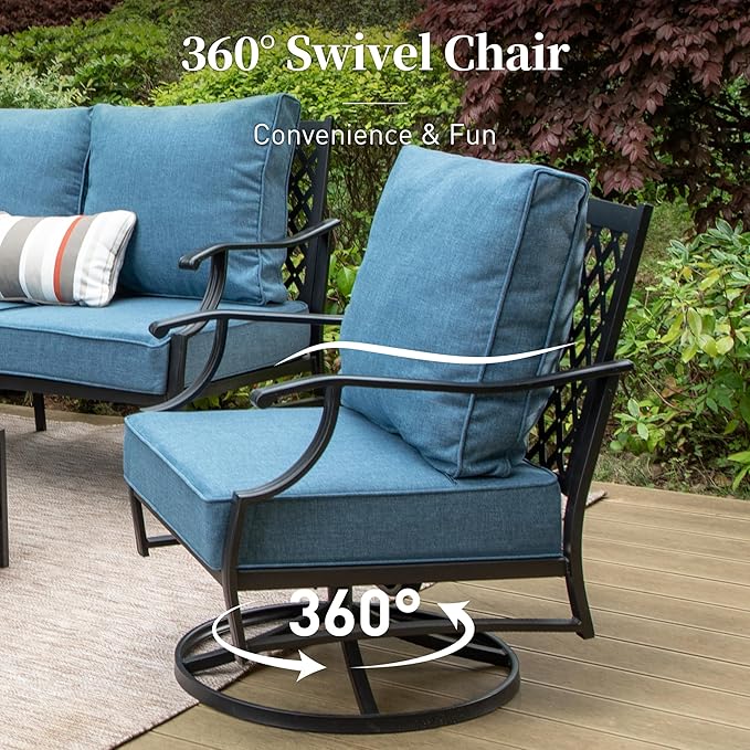 4 Piece Metal Outdoor Patio Furniture Sets with 5000 BTU Firepit Table, Patio Conversation Sets 1 3-seater Sofa, 2 Swivel Chair with 5.75" Thick Cushion, Black Backyard Furniture, Navy