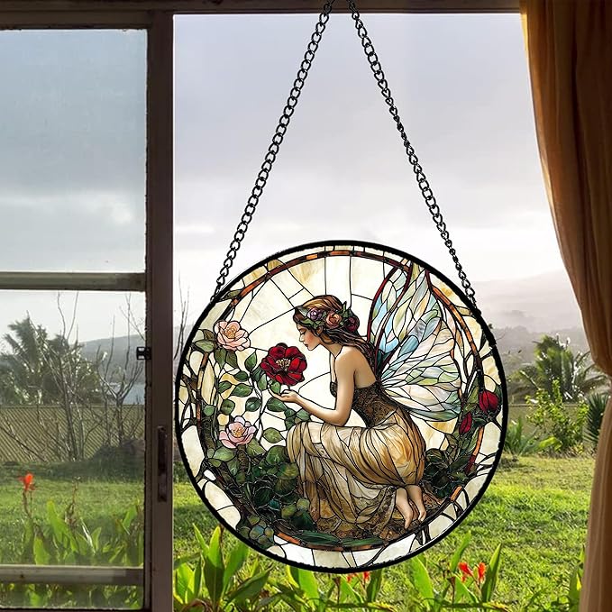 JOSUMALY Stained Glass Window Hanging - Butterfly Flower Fairy Suncatcher for Door Terrace Garden Home Decor Yellow Green Plants Sun Catcher Birthday Gifts for Lovers Women Men Dad Mom Nana 11.8 in