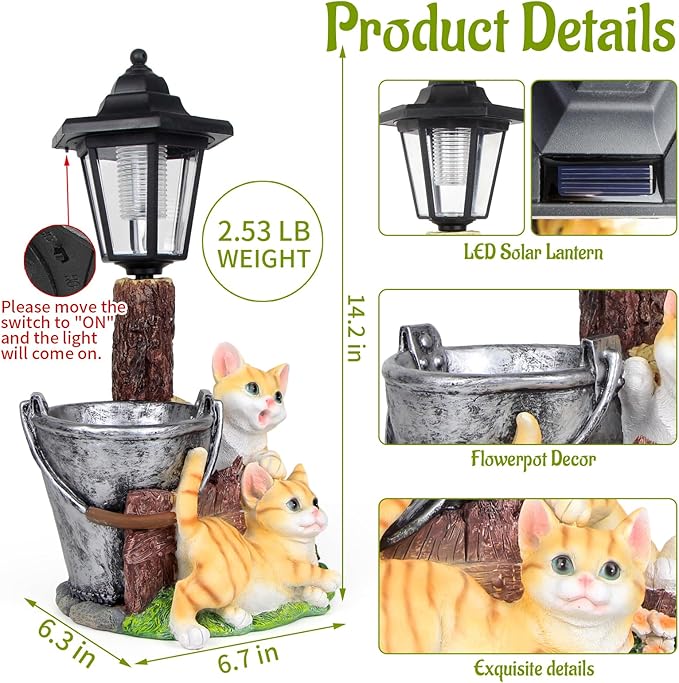YEPOTUE Solar Cat Outdoor Statues, Garden Sculptures with Flowerpot Decor & Solar Lantern for Yard Art Lawn Ornaments Porch Patio Balcony - Idea Gifts for Women Mom Grandma