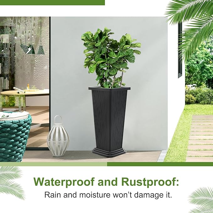 24" Tall Planters for Outdoor Plants, Set of 2 Large Outdoor Planters for Front Porch Decor with Drainage Hole, Front Porch Decor (Stripes-Black)