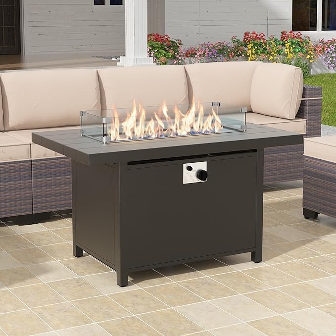 43" All Aluminum Outdoor Propane Gas Fire Pit Table with Rectangle Fire Pit Lid,55000 BTU Auto-Ignition Table Fire Pit w/Glass Wind Guard, Glass Rock for Outdoor,ETL Certified