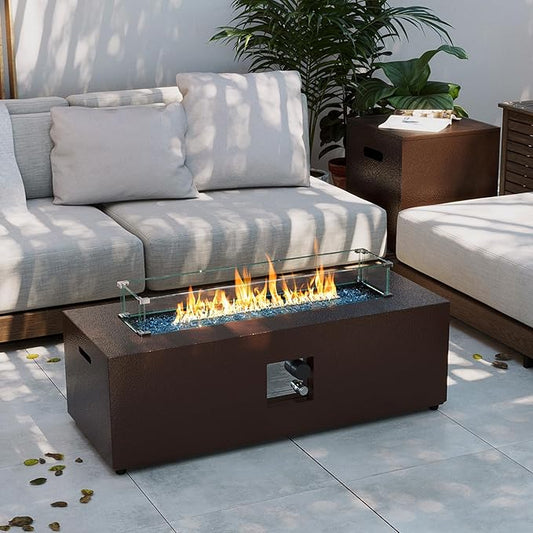 UPHA 42-inch Outdoor Propane Gas Fire Pit Table 50000 BTU Iron Rectangle Firepit for Outside Patio with Tank Hidden Table, Wind Guard, Removable Lid, Blue Glass Rocks, Rain Cover, Brown