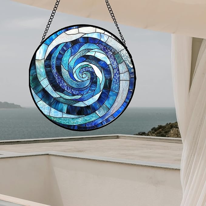CRISGIF Stained Glass Window Hanging - Blue Abstract Swirl Suncatcher for Doors Garden Patio Unique Sun Catchers Decor Christmas Mother's Day Birthday Gifts for Women Men Mom Nana Friend 15 in