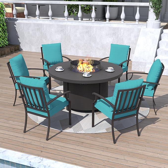 Kurapika 7 Piece Metal Outdoor Patio Furniture Set with 48" Round Fire Pit Table, Patio Conversation Sets 6 Fixed Chairs with Thick Cushion and 40000 BTU Propane Fire Pit Table, Blue