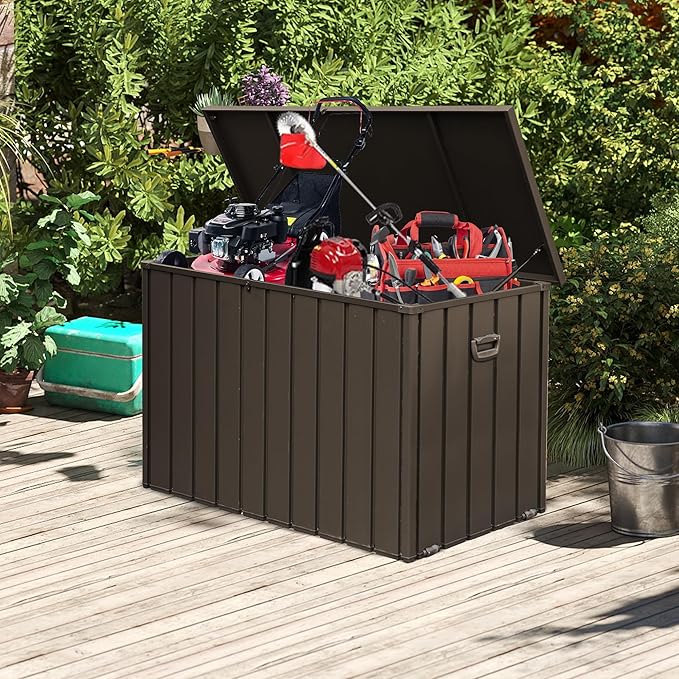 Domi 200 Gallon Deck Box, Outdoor Metal Lockable Storage Cabinet, Waterproof Steel Outdoor Bench with Lockable Lid, Side Handles & Rolling Casters for Outside Cushions, Pillows, Garden Tools, Brown