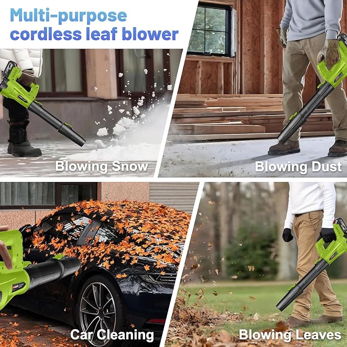 Leaf Blower Cordless with 2 x 4.0 Ah Battery and Charger, 160MPH/580CFM High Power Lightweight Handheld Electric Snow Blower with 2 Extended Tubes for Lawn, Yard, Leaves, Dust, Snow Care (Green)
