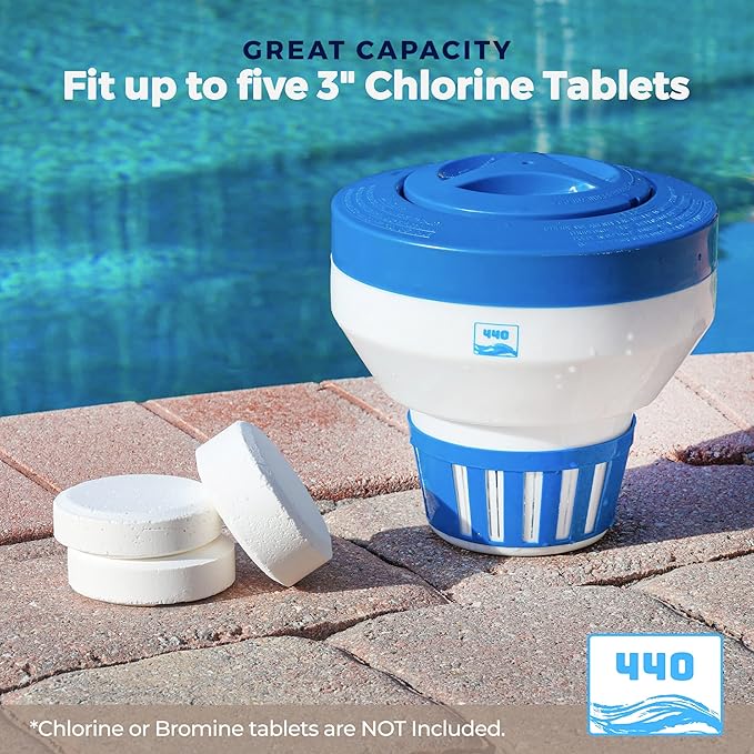 440 Pool Chlorine Floater Dispenser, Fits Up to 5 Pieces of 3-Inch Chlorine Tabs, Adjustable Flow, Control, Heavy-Duty Plastic - Suitable for Small & Large Pools - 9.6 Ounces