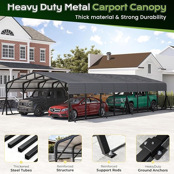 20x40FT Metal Carport, Heavy Duty Car Garage w/Reinforced Support Rods and Windproof Ground Anchors, All-Weather Multi-Use Outdoor Shelter for 4 Car, Boats and Truck