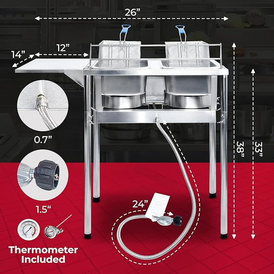 FOODIZIO Silver Deep Fryer with Thermometer, Propane Deep Fryer with 2 Stainless Steel Baskets & Lids, Adjustable Temperature with Regulating Knobs