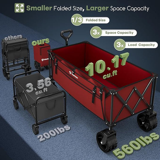 300L Extra Large Wagons Carts Foldable, 560LBS Heavy Duty Collapsible Beach Wagon 48" Long with Big All-Terrain Wheels, Utility Folding Cart for Camping, Grocery, Sports, Garden, Red