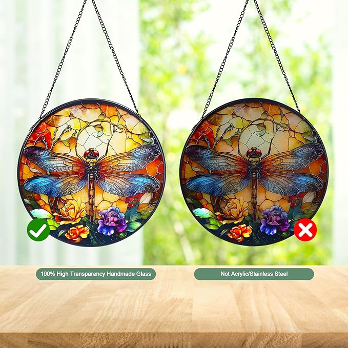 Wkyqes Dragonfly Handmade Stained Glass Window Hanging Suncatcher with Chain - 7.9" Outdoor/Indoor Art Decor for Home Garden, Wedding, Mother's, Valentine's & Christmas Ornaments Present
