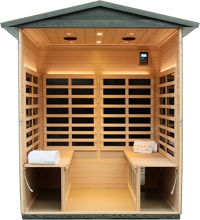 LTCCDSS Carbonized Composite Wood Outdoor Sauna 4-Person - Low EMF Far Infrared Sauna for Home - Bluetooth Speakers, LED Reading Lamps, Chromotherapy Lights (68.1 * 52.4 * 82.7 inch)