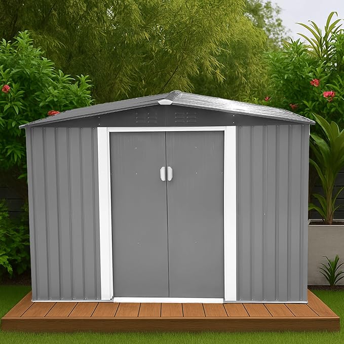 8x8 FT Metal Shed Garden Outdoor Storage Shed Updated Frame Structure with Lockable Sliding Door, Steel Anti-Corrosion Outside Sheds Waterproof for Backyard, Pool, Patio, Light Gray