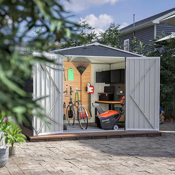 8 x 6 FT Outdoor Storage Shed with Floor Frame,Utility Metal Tool Storage with Lockable Doors,Air Vents & Waterproof Roof, Large Garden Shed for Backyard, Patio Lawn,Gray