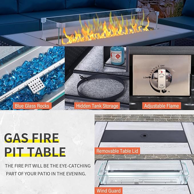 9 Pieces Wicker Patio Furniture Set Outdoor PE Rattan Sectional Conversation Sofa Set with Grey Cushions and 45” Gas fire Pit Table