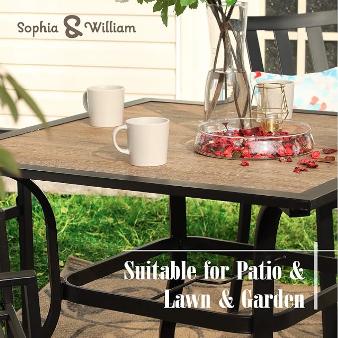Sophia & William 37" Square Outdoor Dining Table with Umbrella Hole, Imitation of Wooden Surface Patio Dining Table for Lawn Garden, Sturdy Metal Steel Frame with Wood-Like Table top