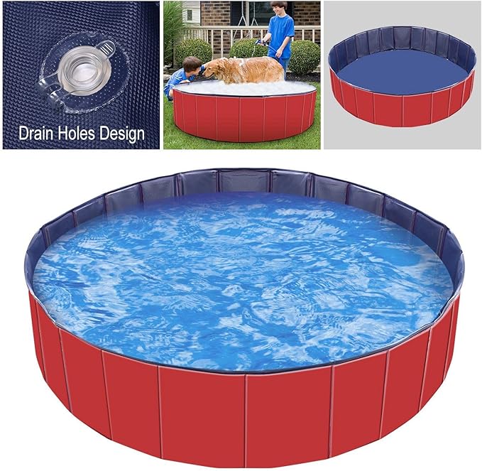 Foldable Pet Swimming Pool - Large 63" PVC Kiddie Dog Pool Bathing Tub for Dogs Cats Kids Portable Summer Outdoor Water Playmat Non-Slip Bottom Easy Drain (Red)