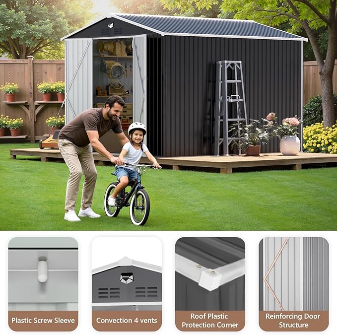Outdoor Storage Shed 10x12 FT, Metal Garden Shed - Tool Storage Sheds with Lockable Doors, Waterproof Outside Storage Building for Backyard, Patio (Black; Floor Not Included)