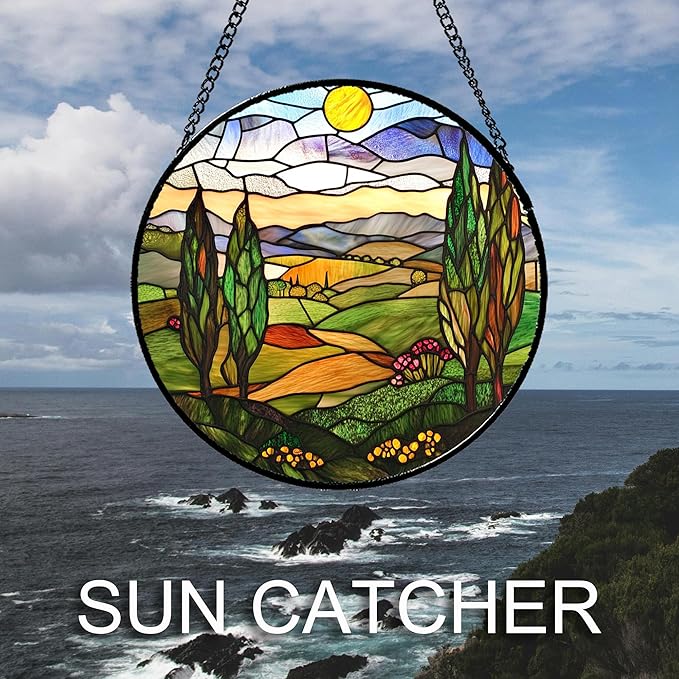 QZQCBLC Stained Glass Window Hanging Golden Sun Mountain Landscape 7.8" - Suncatcher Door Garden Sun Catcher Home Decor Birthday Christmas for Mom Men Woman Nana Friend