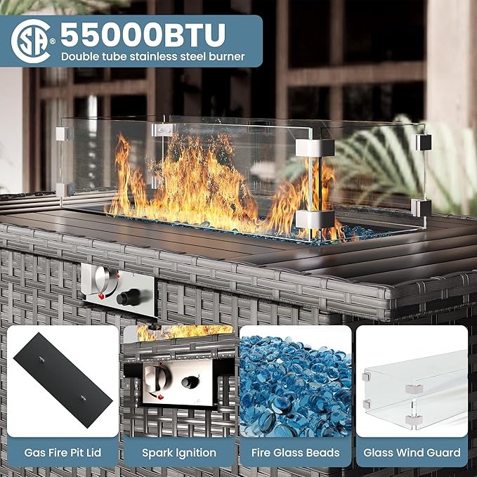 13 Piece Patio Furniture Set with Fire Pit Table, Outdoor Conversation Sets Grey Wicker Rattan Sectional Sofa, 4'' Thickened Cushion Navy Blue (Include Waterproof Cover)