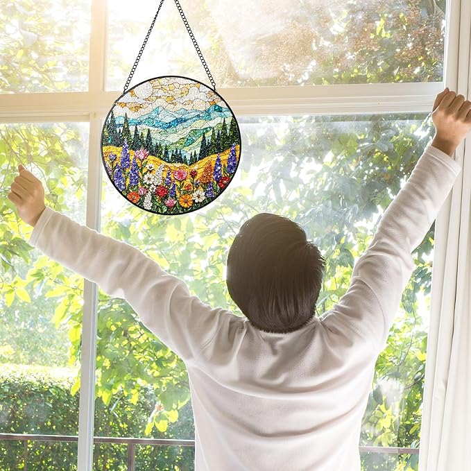 Stained Glass Window Hanging, Colorful Flowers Mountain Stained Glass Suncatchers Indoor Windows Glass Panel Garden Hanging Decor Birthday for Women 6.3 in