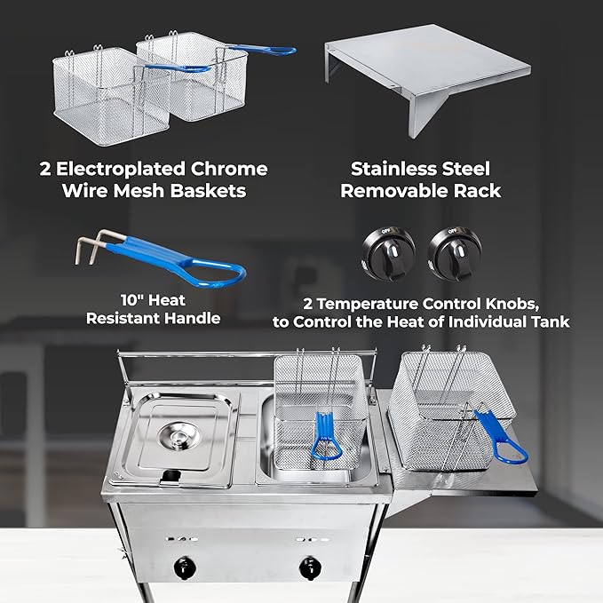 FOODIZIO Silver Deep Fryer with Thermometer, Propane Deep Fryer with 2 Stainless Steel Baskets & Lids, Adjustable Temperature with Regulating Knobs