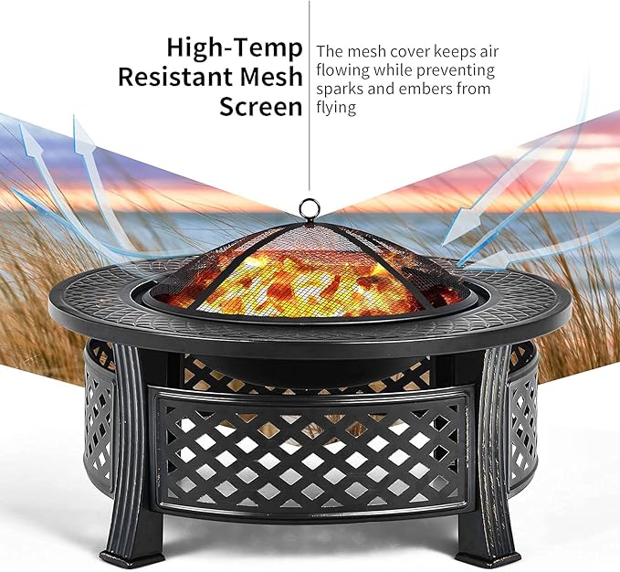 Giantex 3 in 1 Fire Pit, 32" Outdoor Wood Burning Fire Pit, Multifunctional Round Firepit Stove, Metal Fire Bowl with Cover, Portable Fire Pits for Outside Heating, Bonfire, Picnic, Grill