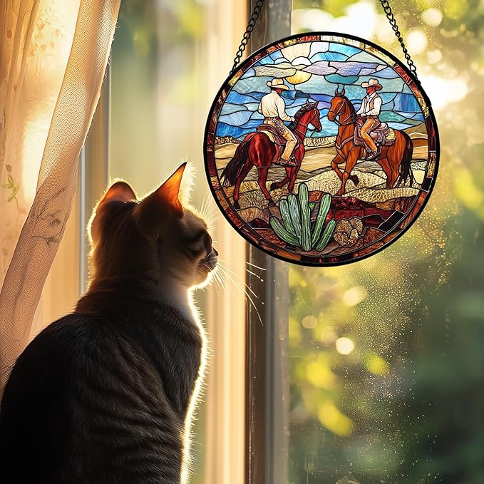 QZQCBLC Stained Glass Window Hanging Western Cowboys Riding Horses Large 11.8" - Suncatcher Door Garden Sun Catcher Home Decor Birthday Christmas for Woman Nana Friend Men Kids