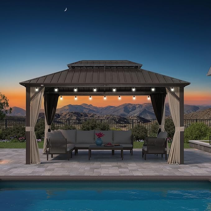 PURPLE LEAF 10’ X 14' Hardtop Gazebo Outdoor Metal Frame Galvanized Steel Double Roof with Curtains and Nettings for Patio Desk Backyard Bronze