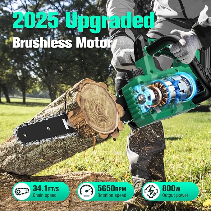 KIMO Brushless Electric Chainsaw 12 Inch Cordless with 4.0Ah Battery & Fast Charger, 54.5 FT/S Powerful Cutting, Security Lock，Auto Oiler Battery Powered Chainsaw for Wood Cutting & Tree Trimming