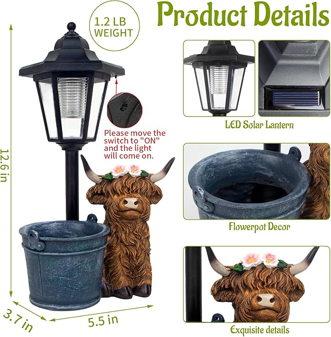 YEPOTUE Solar Highland Cow Outdoor Statue, Garden Decor with Flowerpot & Lantern Highland Cow Figurines for Yard Art Lawn Ornaments Porch Patio Balcony - Gifts for Women Mom