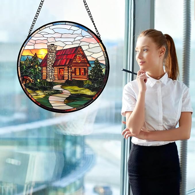 QZQCBLC Stained Glass Window Hanging Red Wooden House Pastoral Scenery 6.3" - Suncatcher Door Garden Sun Catcher Home Decor Birthday Christmas for Mom Men Woman Nana Friend