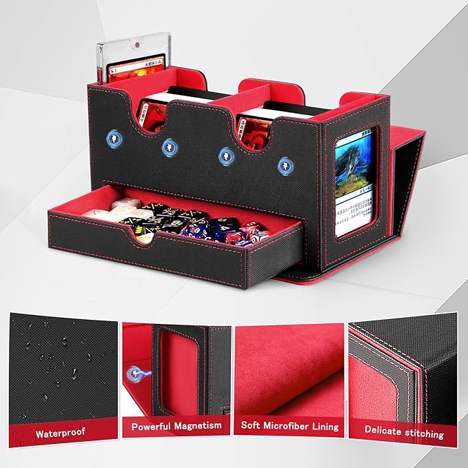 MTG Deck Box with 2 Commander Display,Commder Deck Box Fits 310+ Cards，with Dice Tray,Leather Magnetic,Fits for TCG CCG Magic Cards (Black Red)
