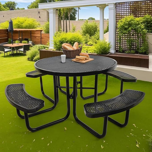 46" Round Top Outdoor Picnic Table Set for Up to 8 Persons, Outside Table Set with 4 Built-in Benches, Metal Commercial-Grade Dining Furniture with Umbrella Hole for Garden, Backyard, Porch, Patio