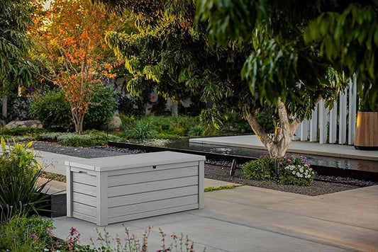 Keter Westwood 150 Gallon Resin Large Outdoor Storage Box for Patio Furniture, Outdoor Cushions, Garden Tools and Pool Floats, Light Grey