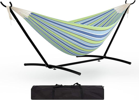 GarveeLife Instant-Setup 2-Person Hammock with Reinforced Steel Frame – Portable Outdoor Lounger for Garden, Camping & Beach (450 LB Capacity + Quick-Fold Carry Bag),Blue-Green Stripes