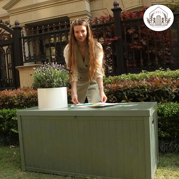 120 Gallon Outdoor Storage Box, Lockable Outside Storage Box Waterproof, Patio Cushions Deck Storage Boxes, Rattan Plastic Garden Hose Containers Resin Pool Storage Bins with lids, Sage Green