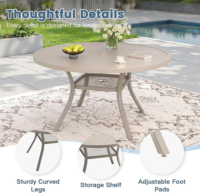 DIFY 48" Round Patio Dining Table for 6, Outdoor Metal Dining Table with 1.57" Umbrella Hole for Backyard Lawn Garden, Sandshell